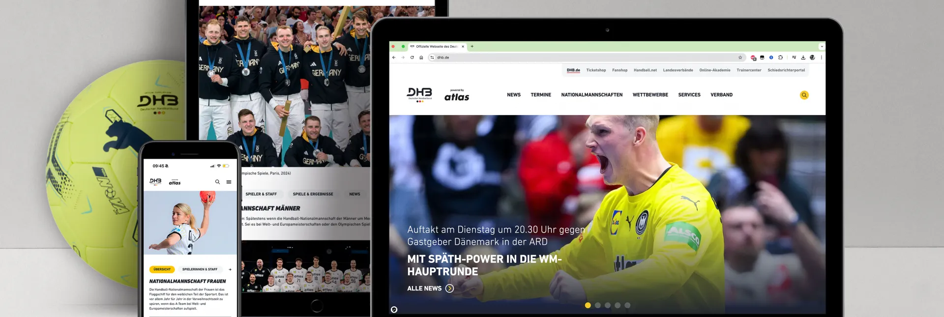 Handy-, Tablet- und Laptopbildschirm auf dem dhb.de zu sehen ist