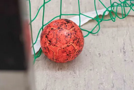 Ein Ball liegt im Handballtor